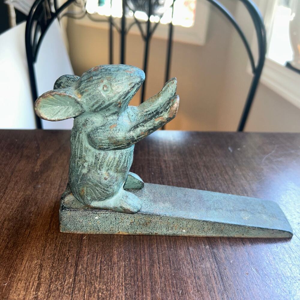 Cast Iron Mouse Door Stop Wedge Figural Blue-Green Finish 6.5 Inch
